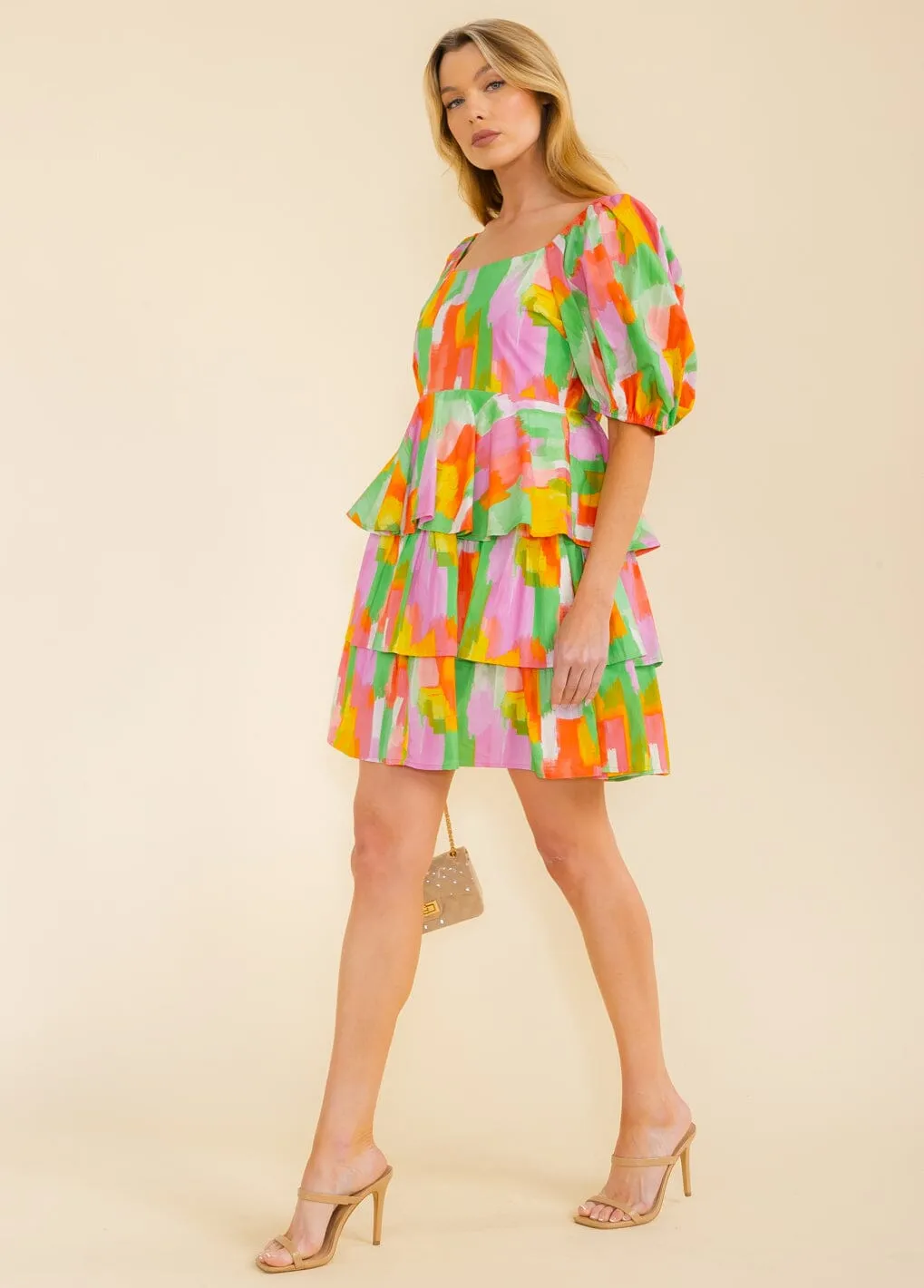 WOMEN'S SHORT SLEEVE TIERED MULTI PRINT MINI DRESS