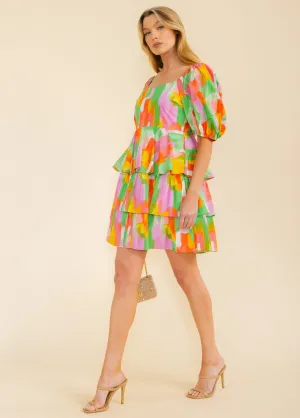 WOMEN'S SHORT SLEEVE TIERED MULTI PRINT MINI DRESS