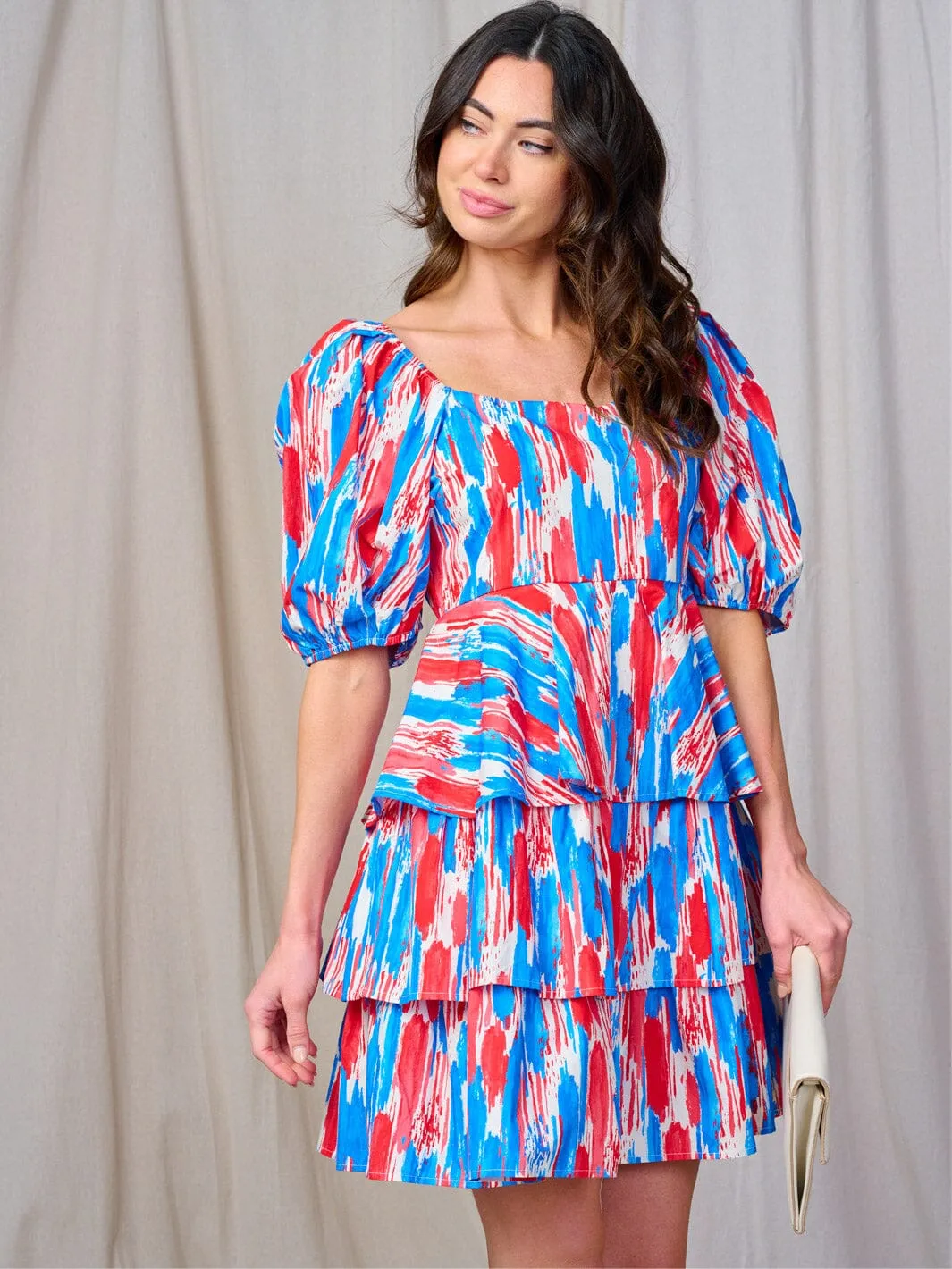 WOMEN'S SHORT SLEEVE TIERED RUFFLE MULTI PRINT MINI DRESS