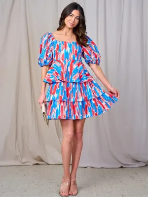 WOMEN'S SHORT SLEEVE TIERED RUFFLE MULTI PRINT MINI DRESS