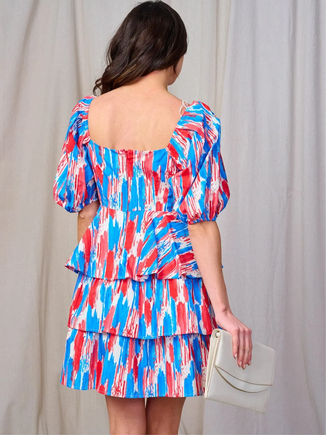 WOMEN'S SHORT SLEEVE TIERED RUFFLE MULTI PRINT MINI DRESS