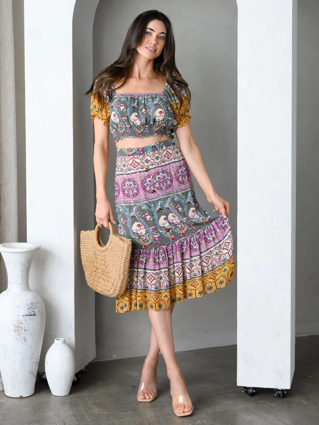 WOMEN'S SHORT SLEEVE TOP & MIDI SKIRT MULTI PRINT SET