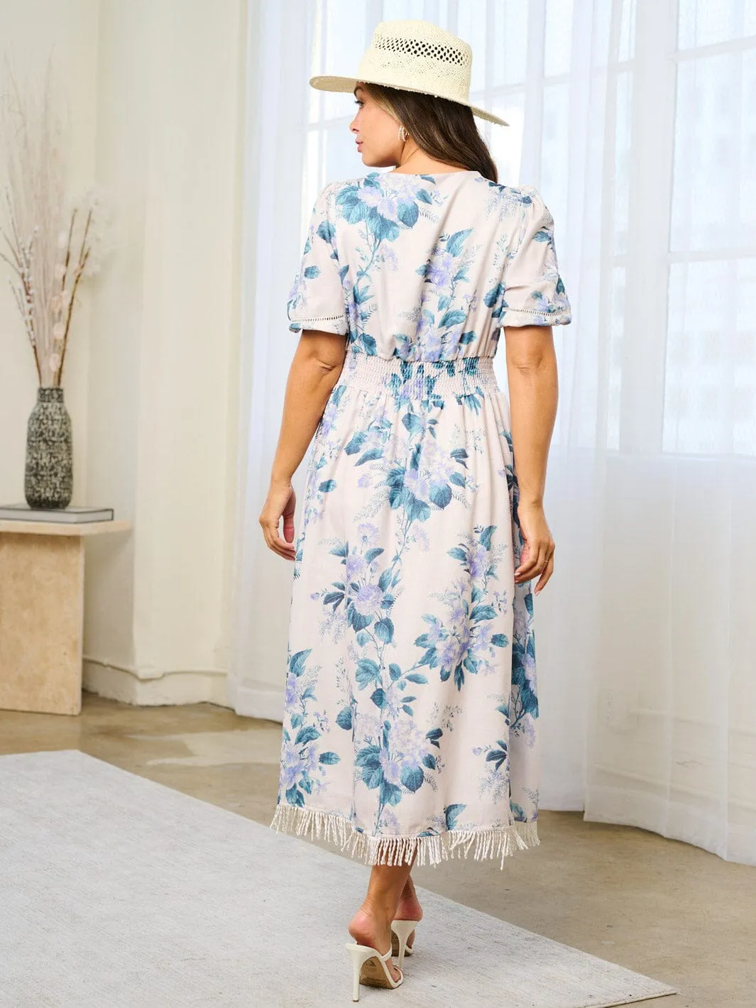 WOMEN'S SHORT SLEEVE TRIM DETAILED FLORAL MAXI DRESS