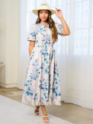 WOMEN'S SHORT SLEEVE TRIM DETAILED FLORAL MAXI DRESS