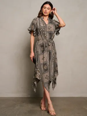 WOMEN'S SHORT SLEEVE V-NECK SELF TIE MULTI PRINT HIGH LOW MIDI DRESS