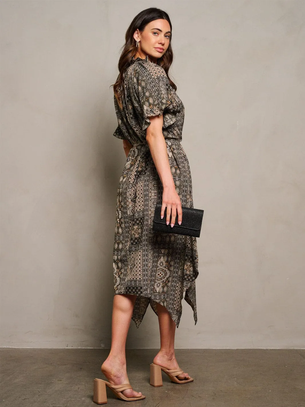 WOMEN'S SHORT SLEEVE V-NECK SELF TIE MULTI PRINT HIGH LOW MIDI DRESS