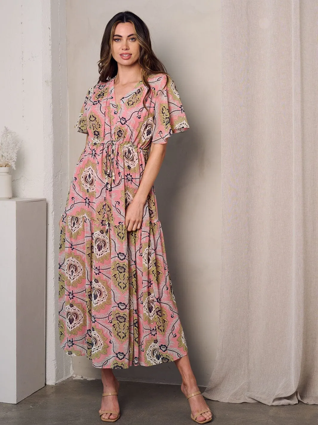 WOMEN'S SHORT SLEEVE V-NECK TIERED FLORAL MAXI DRESS