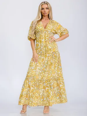 WOMEN'S SHORT SLEEVE V-NECK TIERED PAISLEY PRINT OPEN BACK MAXI DRESS