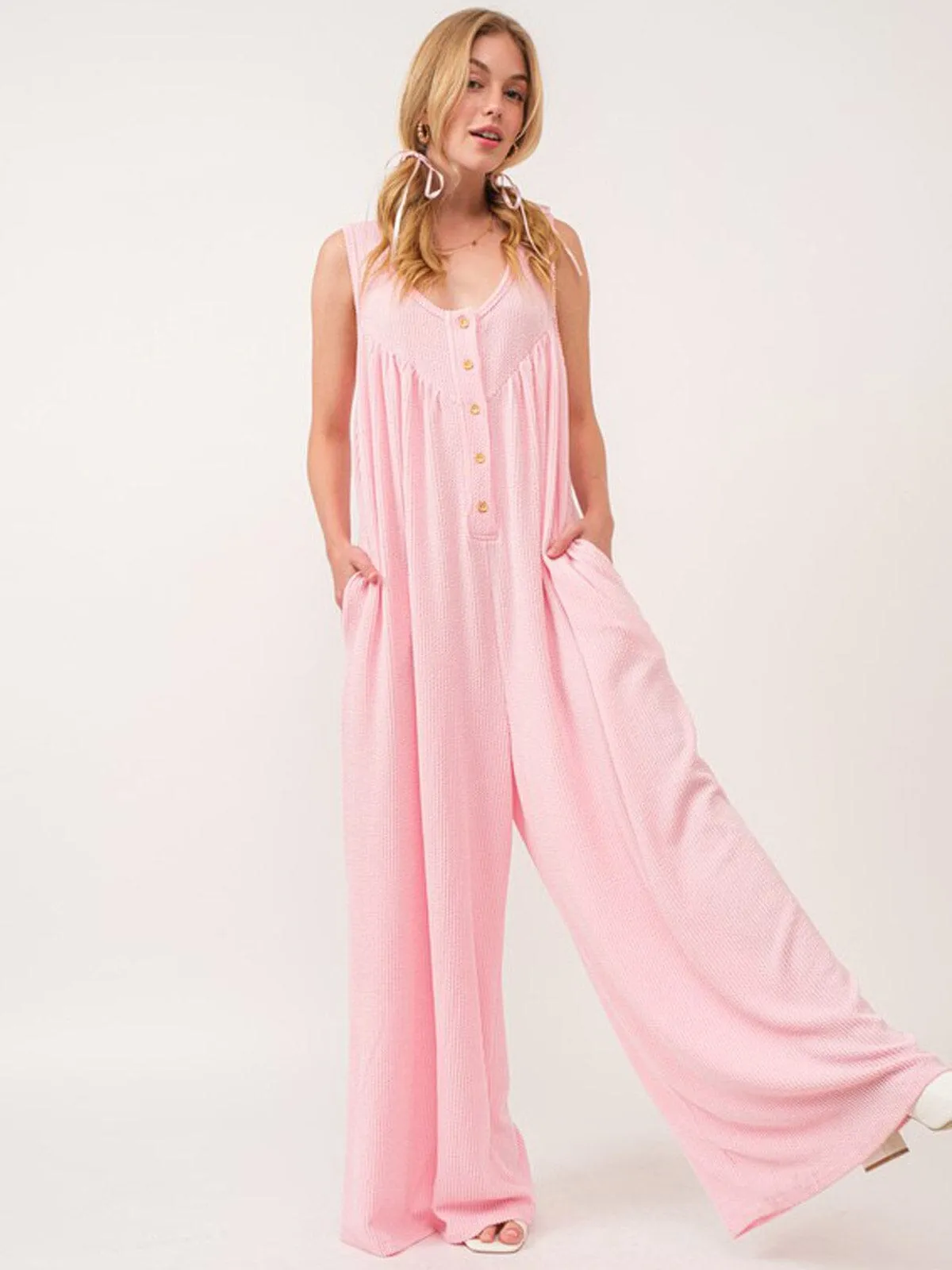 WOMEN'S SLEEVELESS BUTTON UP FRONT POCKETS RIBBED WIDE LEG JUMPSUIT