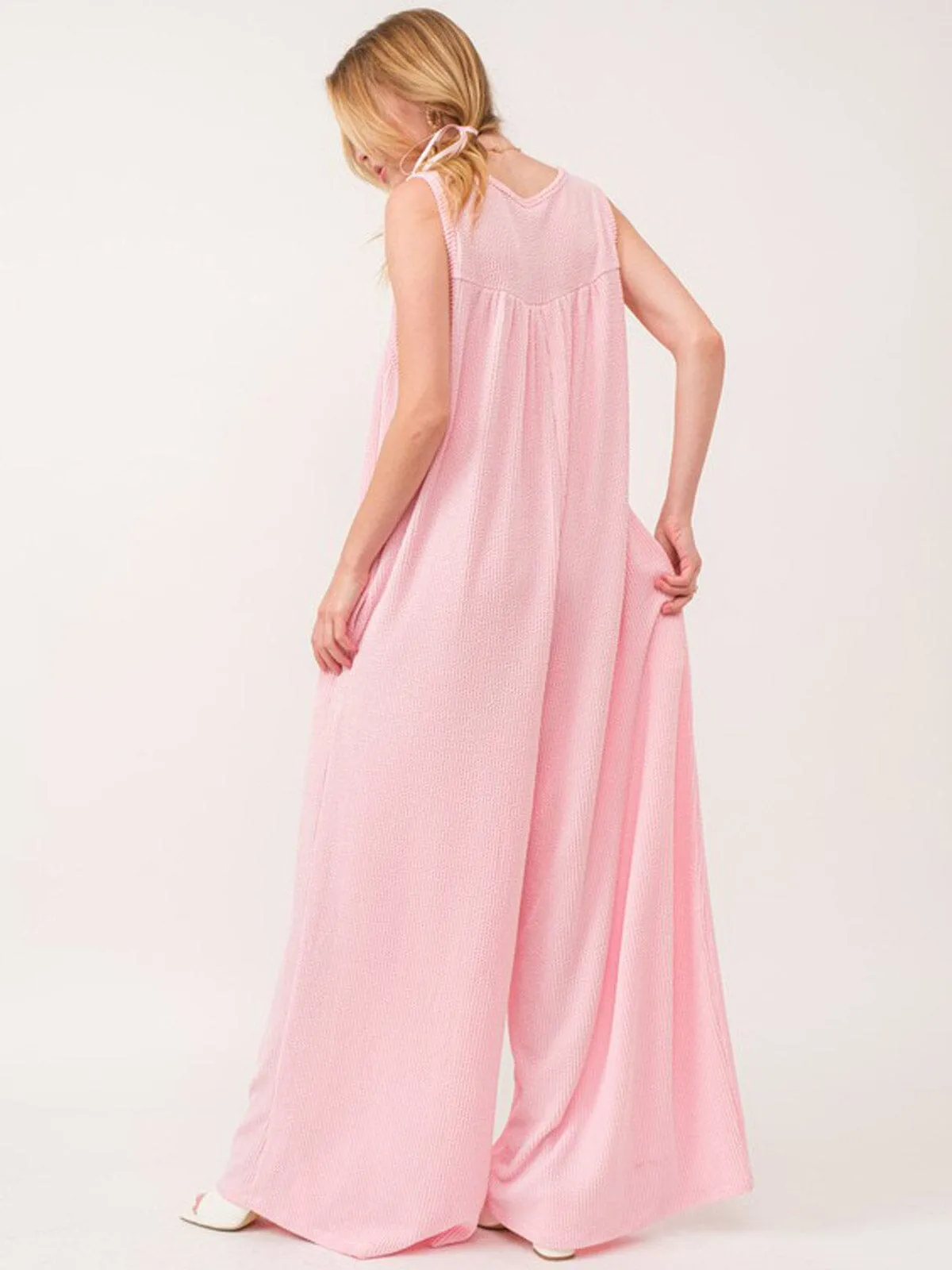 WOMEN'S SLEEVELESS BUTTON UP FRONT POCKETS RIBBED WIDE LEG JUMPSUIT