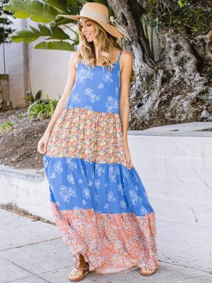 WOMEN'S SLEEVELESS COLORBLOCK MULTI PRINT MAXI DRESS