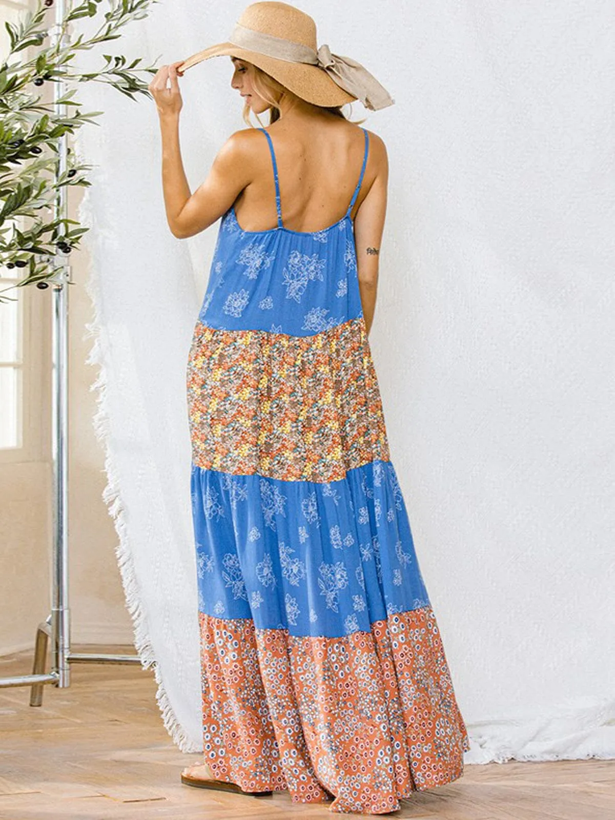 WOMEN'S SLEEVELESS COLORBLOCK MULTI PRINT MAXI DRESS