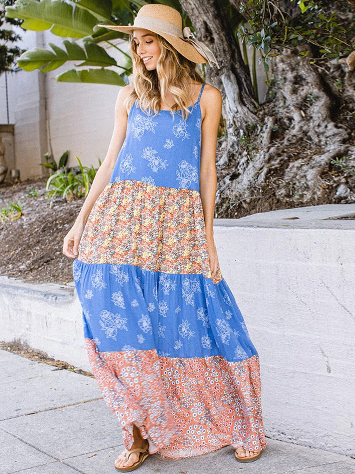 WOMEN'S SLEEVELESS COLORBLOCK MULTI PRINT MAXI DRESS