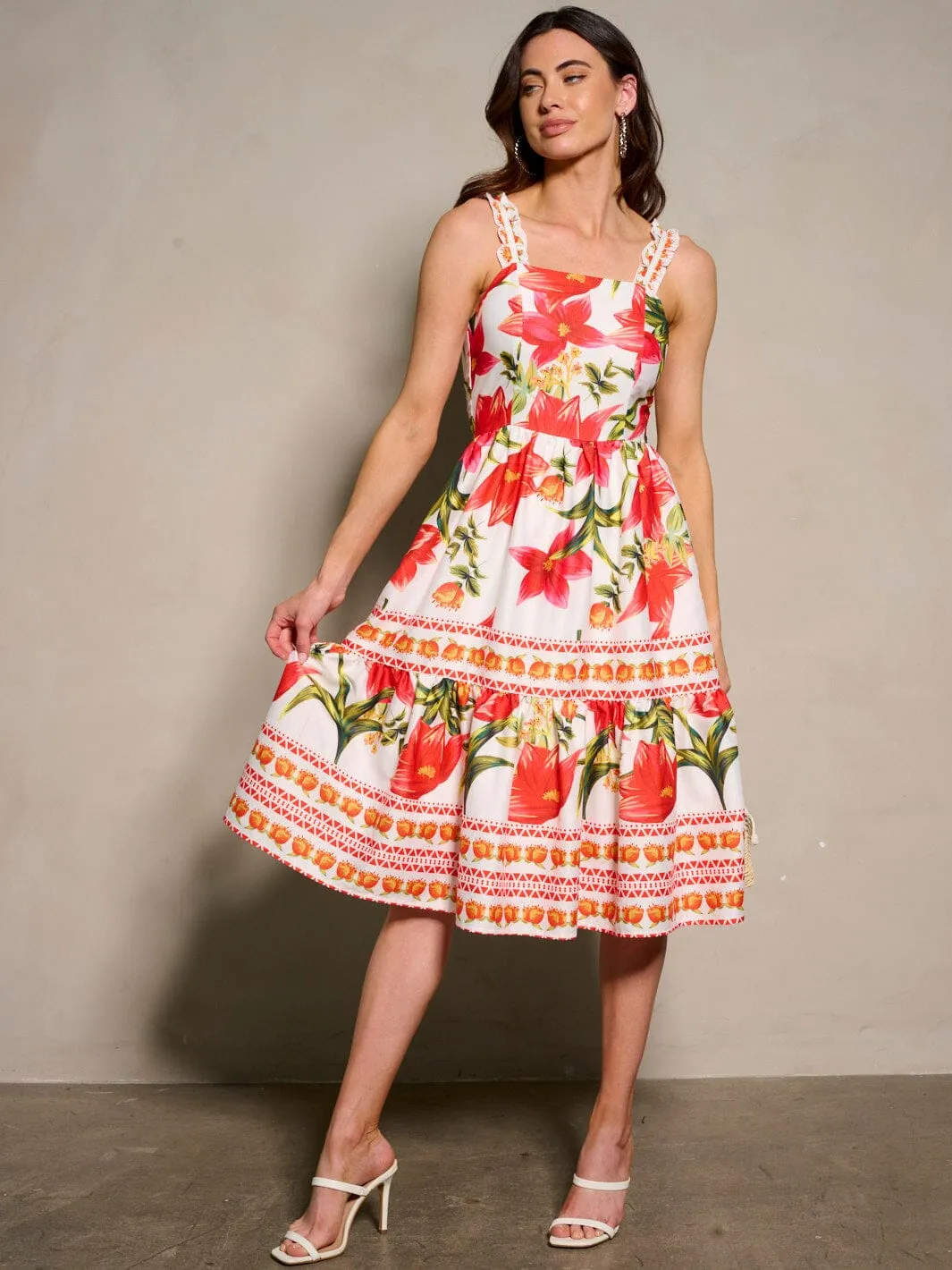 WOMEN'S SLEEVELESS FLORAL PRINT FIT & FLARE MIDI DRESS