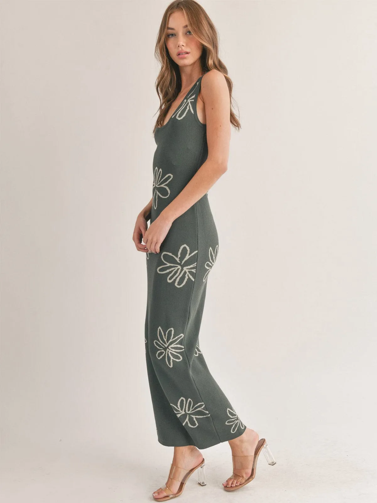WOMEN'S SLEEVELESS FLOWER PRINT BODYCON MAXI DRESS