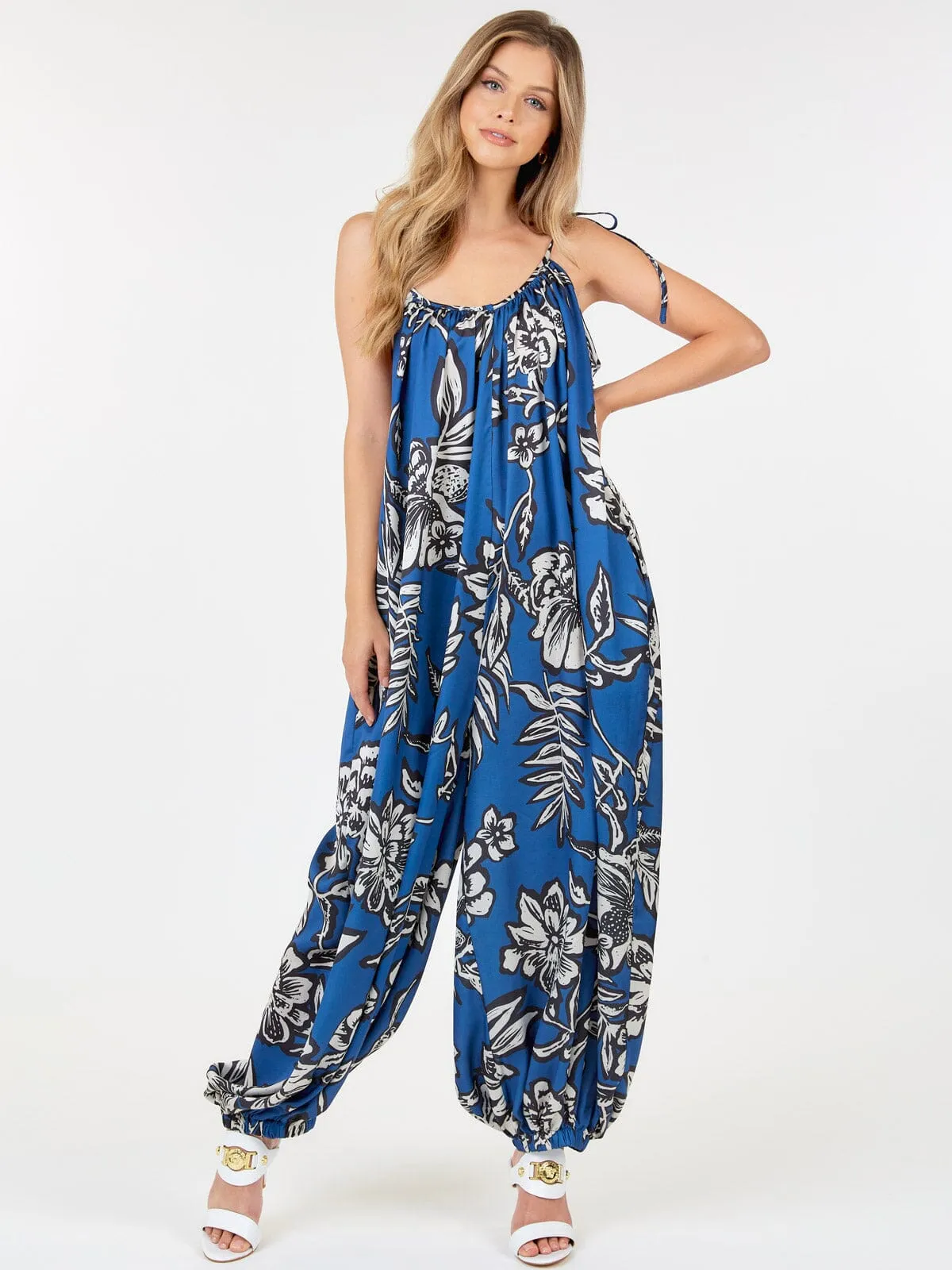 WOMEN'S SLEEVELESS FRONT POCKETS FLORAL PRINT JUMPSUIT