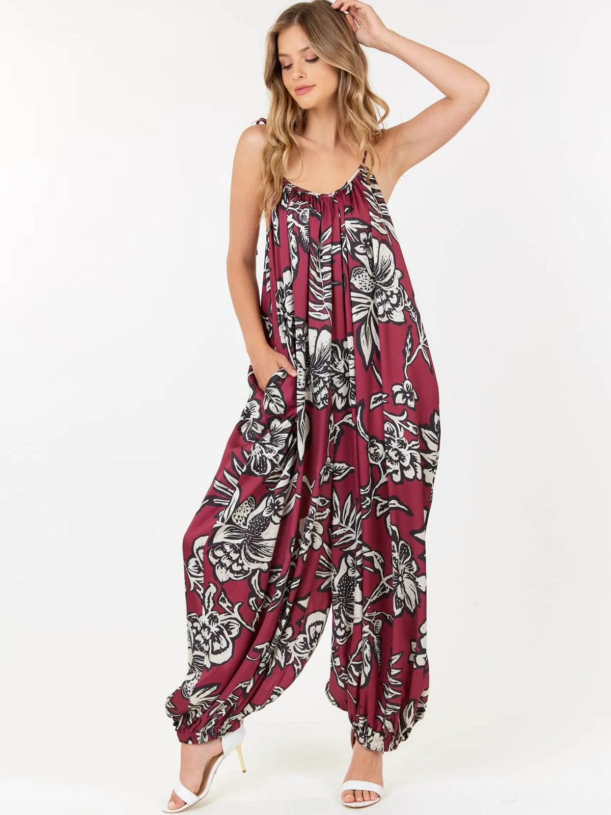 WOMEN'S SLEEVELESS FRONT POCKETS FLORAL PRINT JUMPSUIT