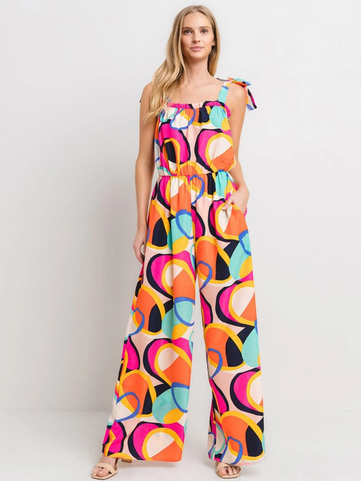 WOMEN'S SLEEVELESS FRONT POCKETS WIDE LEG MULTI PRINT JUMPSUIT