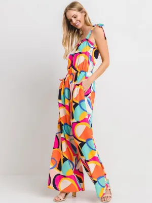 WOMEN'S SLEEVELESS FRONT POCKETS WIDE LEG MULTI PRINT JUMPSUIT