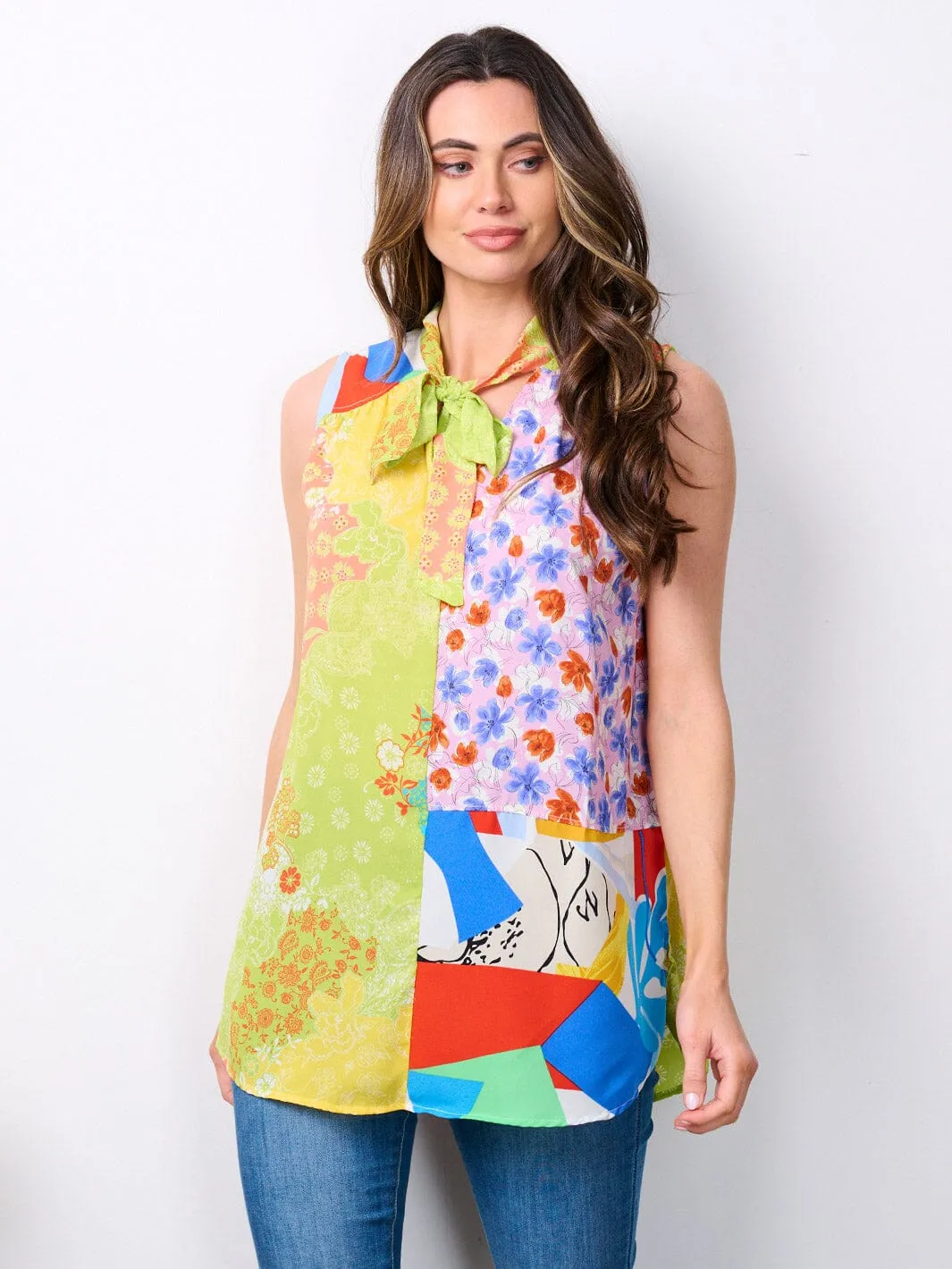WOMEN'S SLEEVELESS NECK TIE MULTI PRINT TANK TOP