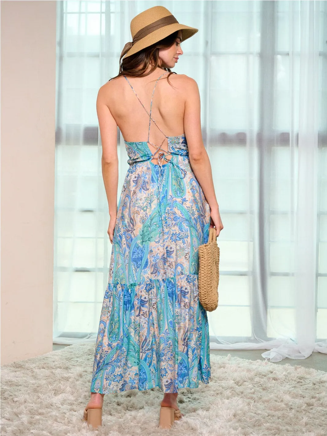 WOMEN'S SLEEVELESS NECK TIE POCKETS MULTI PRINT MAXI DRESS