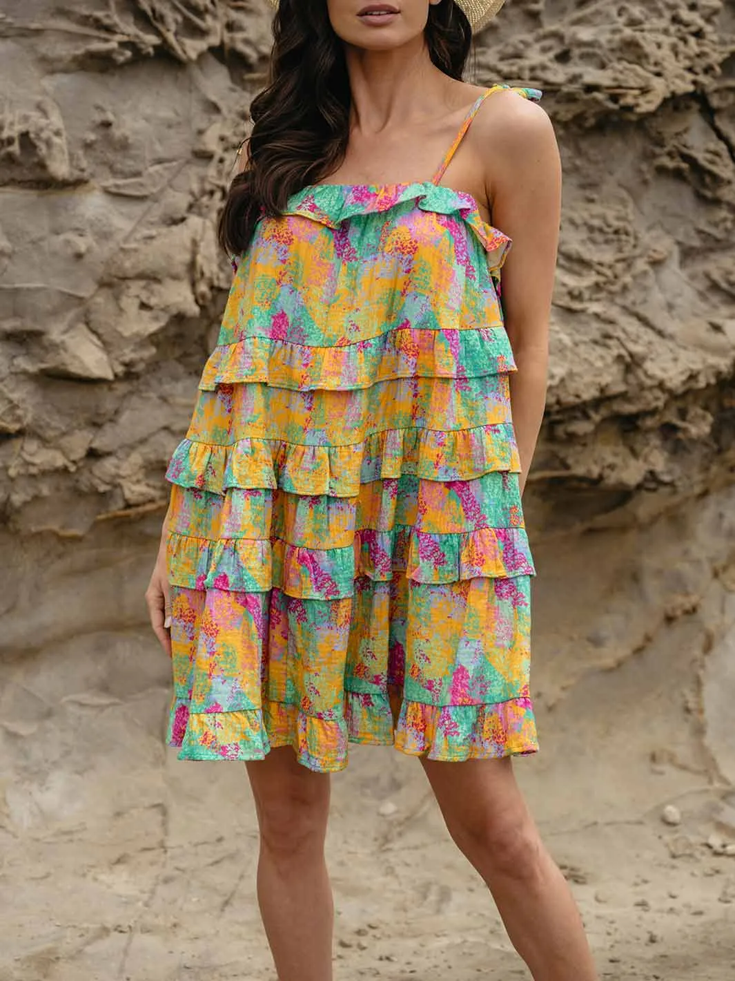 WOMEN'S SLEEVELESS RUFFLE TIERED TUNIC MULTI MINI DRESS