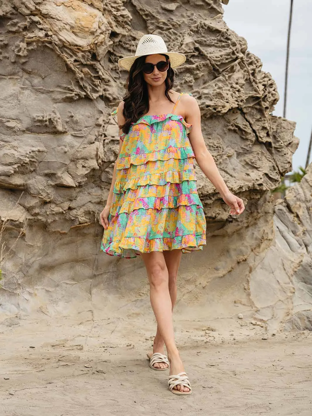 WOMEN'S SLEEVELESS RUFFLE TIERED TUNIC MULTI MINI DRESS