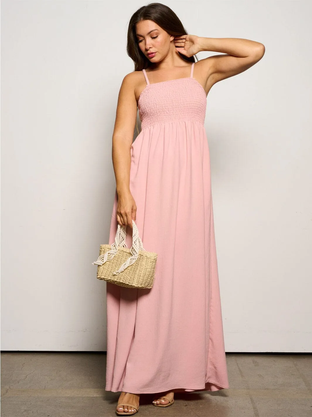 WOMEN'S SLEEVELESS SMOCK POCKETS MAXI DRESS