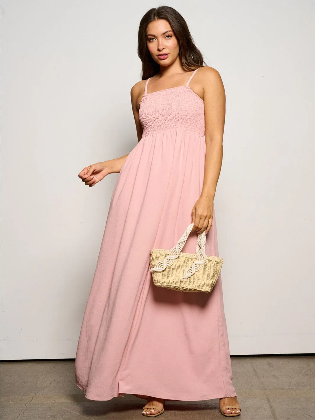 WOMEN'S SLEEVELESS SMOCK POCKETS MAXI DRESS