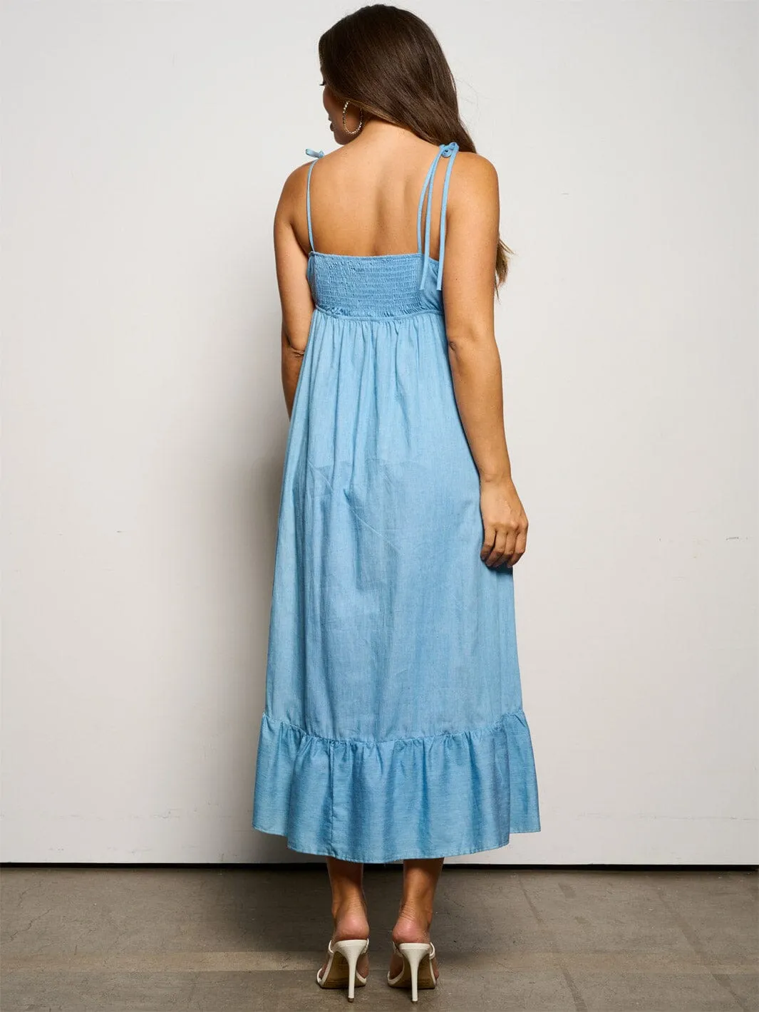 WOMEN'S SLEEVELESS SMOCK POCKETS RUFFLE BOTTOM HEM MAXI DRESS