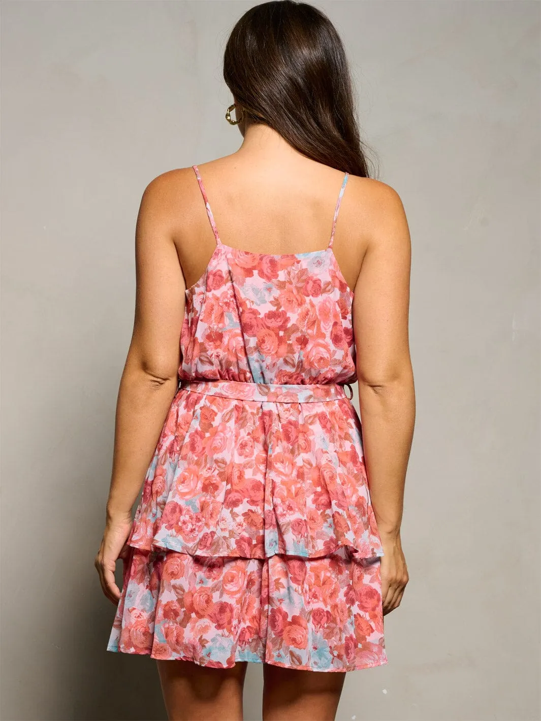 WOMEN'S SLEEVELESS SURPLICE SELF TIE FLORAL MINI DRESS