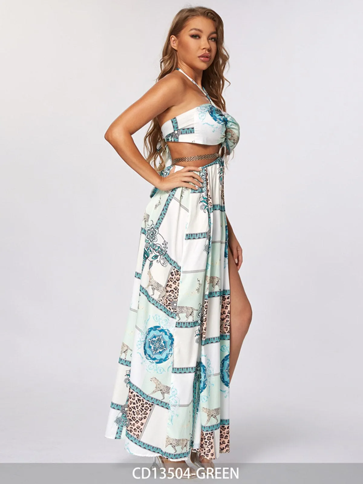 WOMEN'S SLEEVELESS V-NECK CUT OUT MULTI PRINT MAXI DRESS