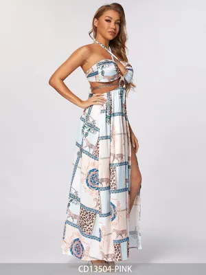WOMEN'S SLEEVELESS V-NECK CUT OUT MULTI PRINT MAXI DRESS