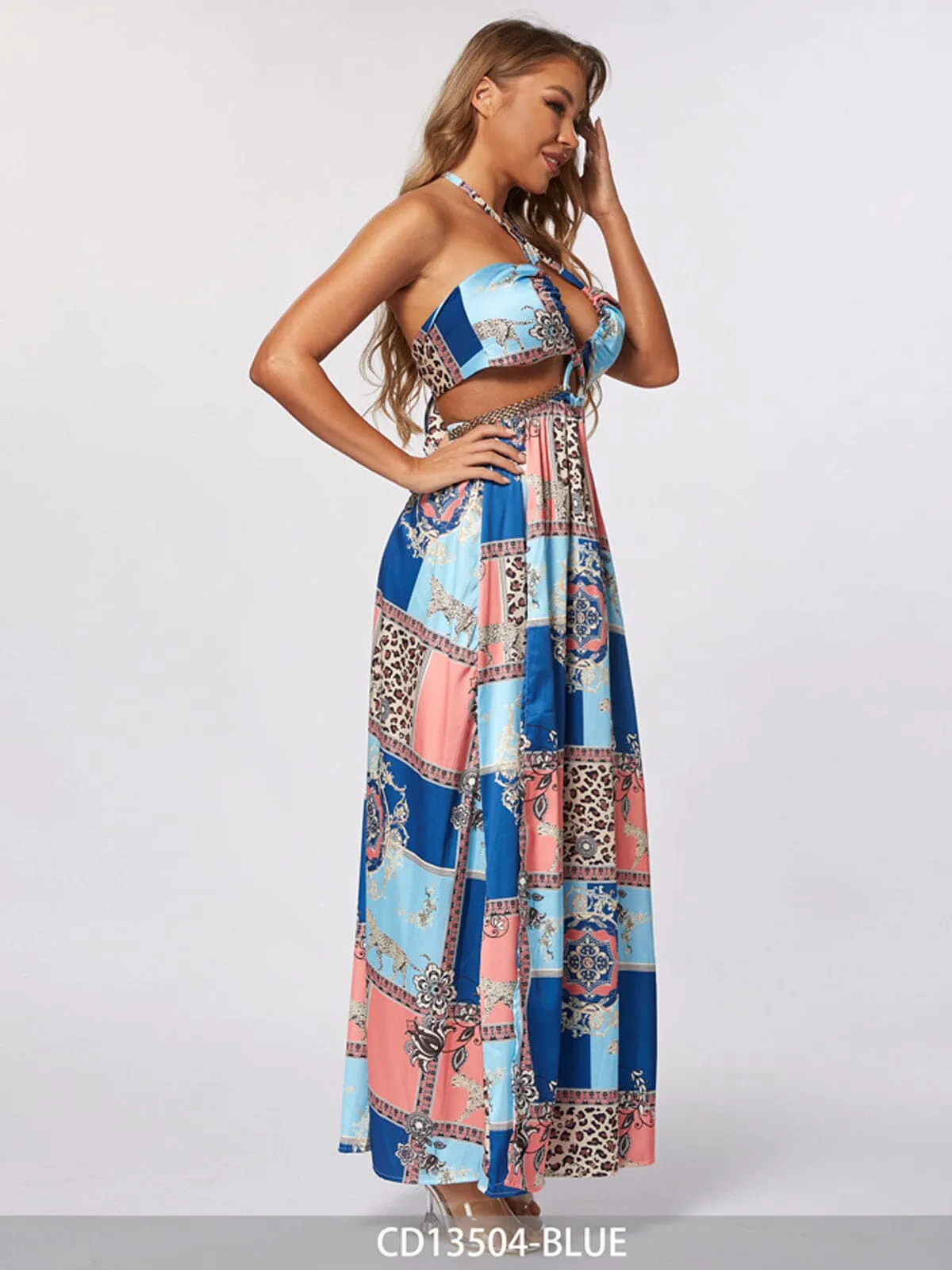WOMEN'S SLEEVELESS V-NECK CUT OUT MULTI PRINT MAXI DRESS
