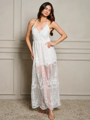 WOMEN'S SLEEVELESS V-NECK OPEN BACK LACE MAXI DRESS