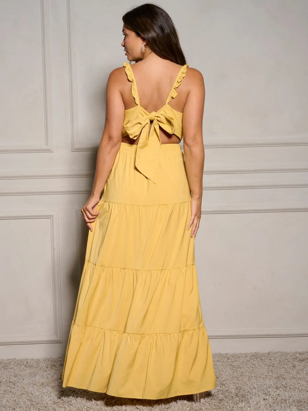 WOMEN'S SLEEVELESS V-NECK OPEN BACK RUFFLE MAXI DRESS