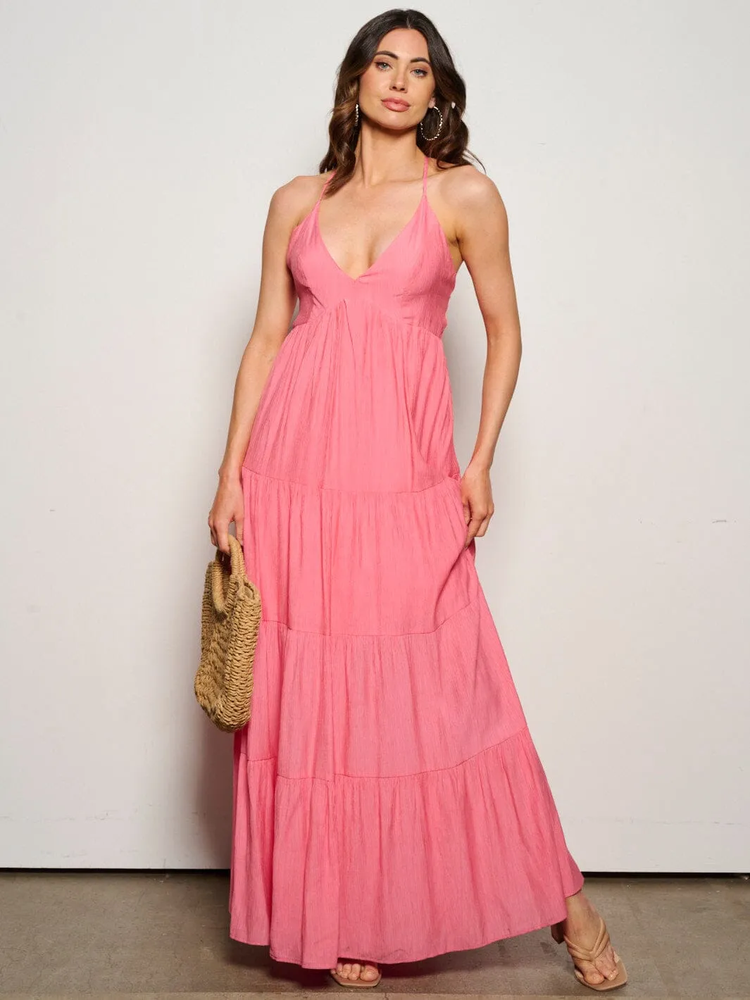 WOMEN'S SLEEVELESS V-NECK POCKETS TIERED OPEN BACK MAXI DRESS