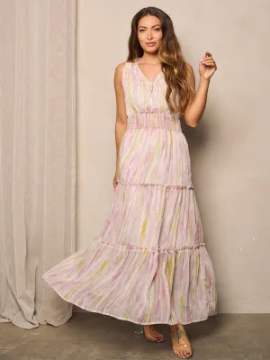 WOMEN'S SLEEVELESS V-NECK TIERED MULTI COLORS MAXI DRESS