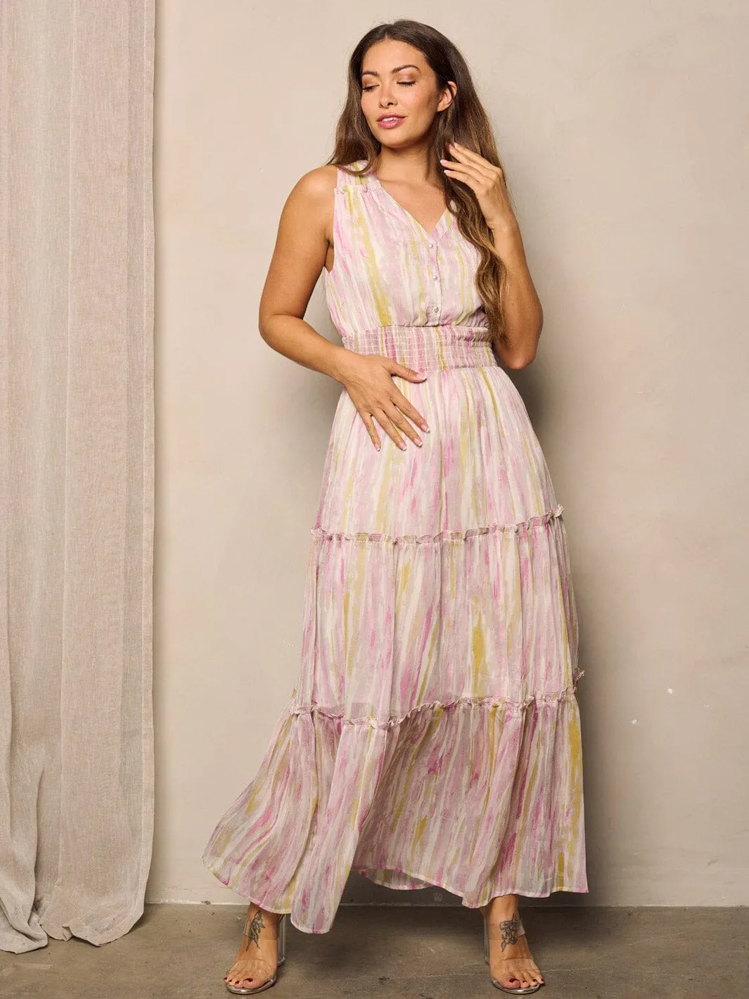 WOMEN'S SLEEVELESS V-NECK TIERED MULTI COLORS MAXI DRESS
