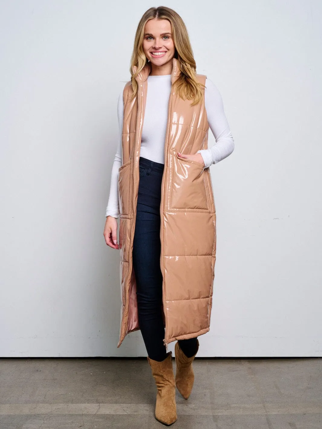 WOMEN'S SLEEVELESS ZIP UP FRONT POCKETS PU PLEATHER LONG PUFFER VEST