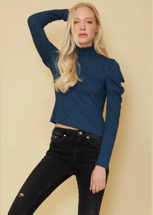 Women's Turtle Neck Puff Sleeve Stripe Knit Top In Teal