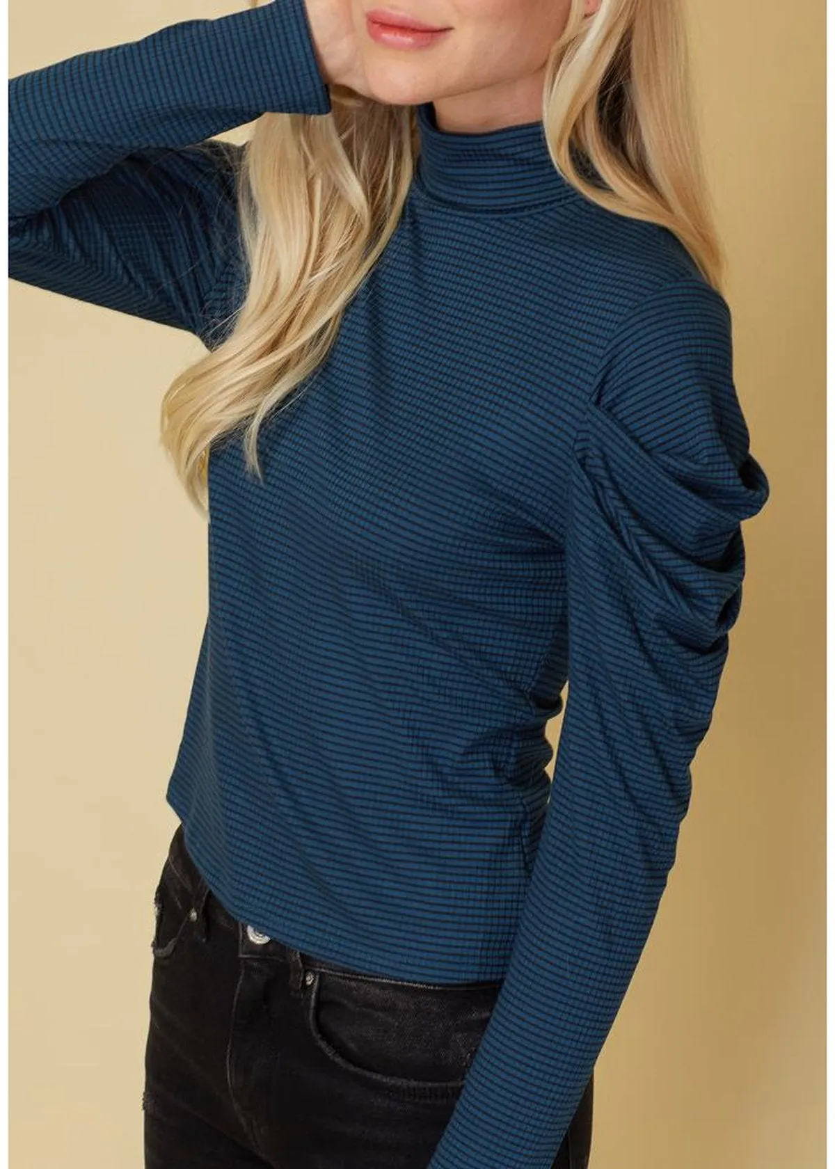 Women's Turtle Neck Puff Sleeve Stripe Knit Top In Teal