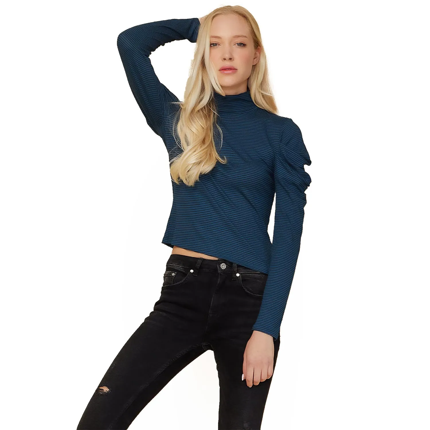 Women's Turtle Neck Puff Sleeve Stripe Knit Top In Teal