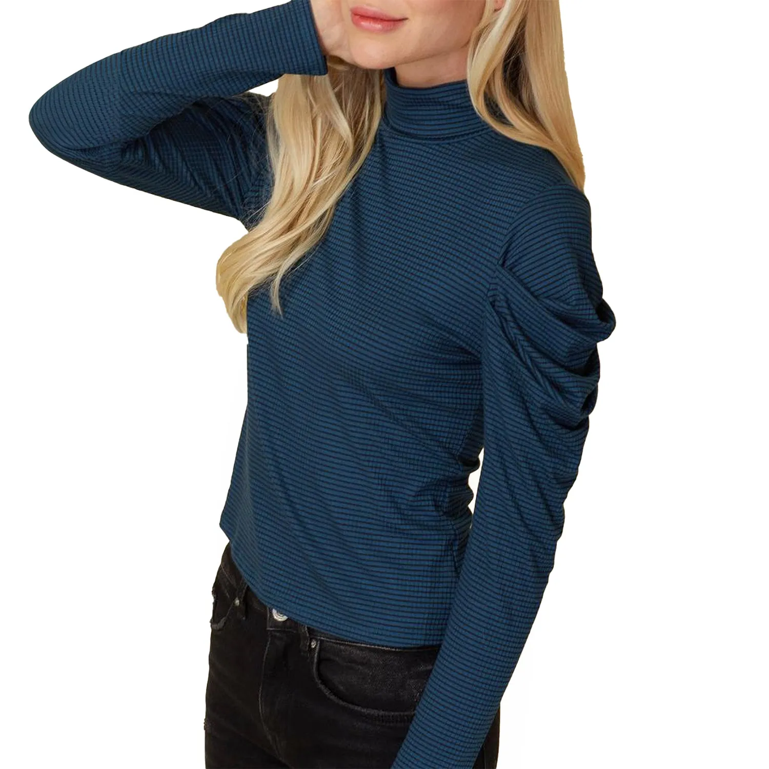 Women's Turtle Neck Puff Sleeve Stripe Knit Top In Teal