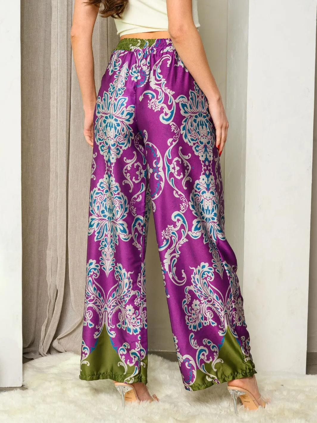 WOMEN'S WIDE LEG MULTI PRINT PANTS