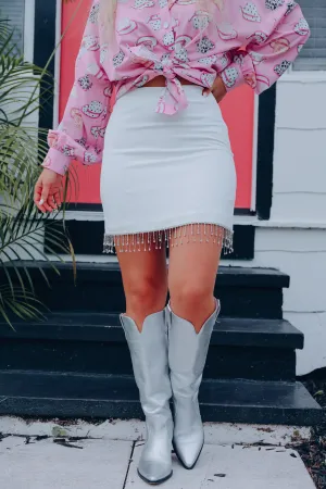 You Sparkle Rhinestone Fringe Mini Skirt - White