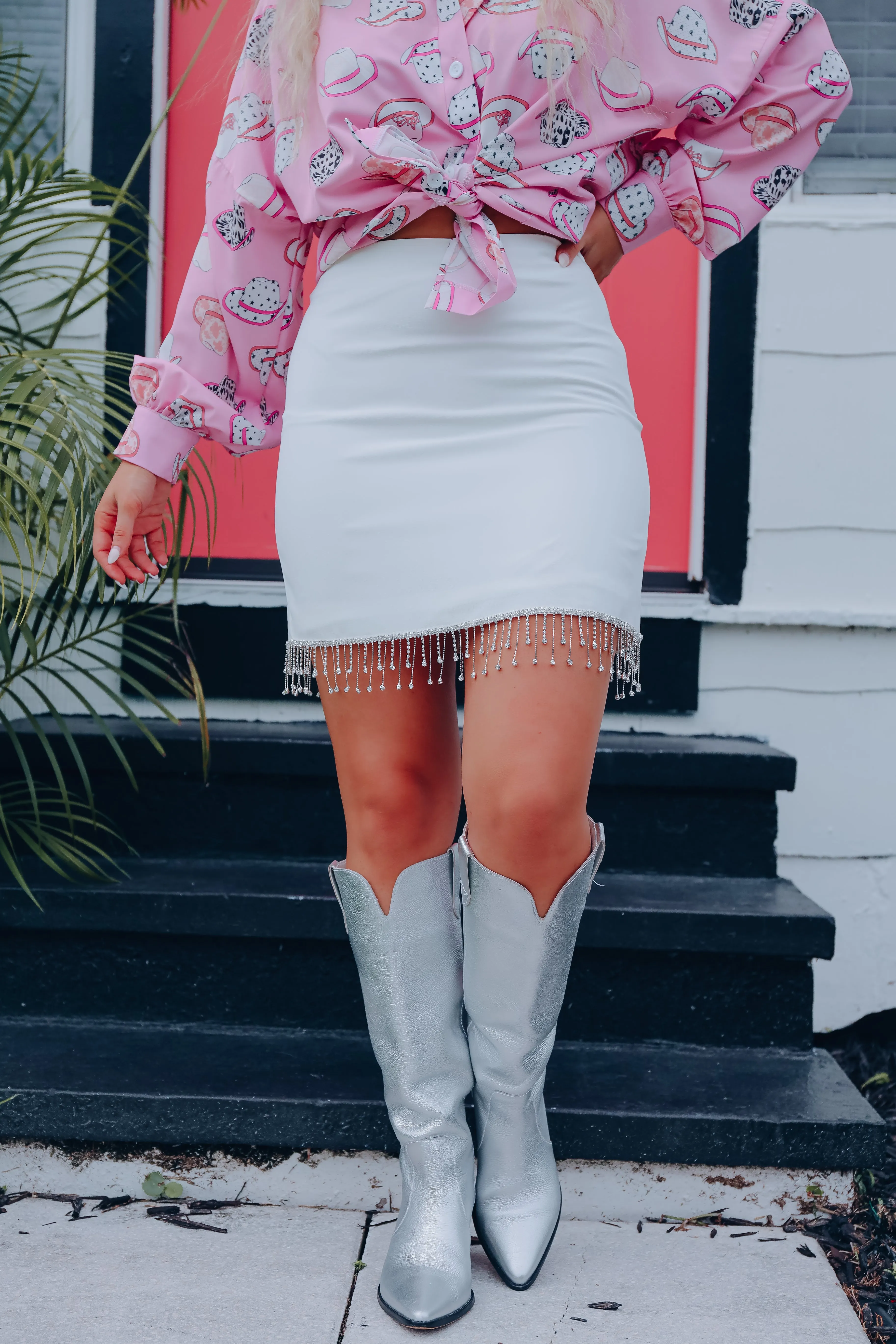 You Sparkle Rhinestone Fringe Mini Skirt - White